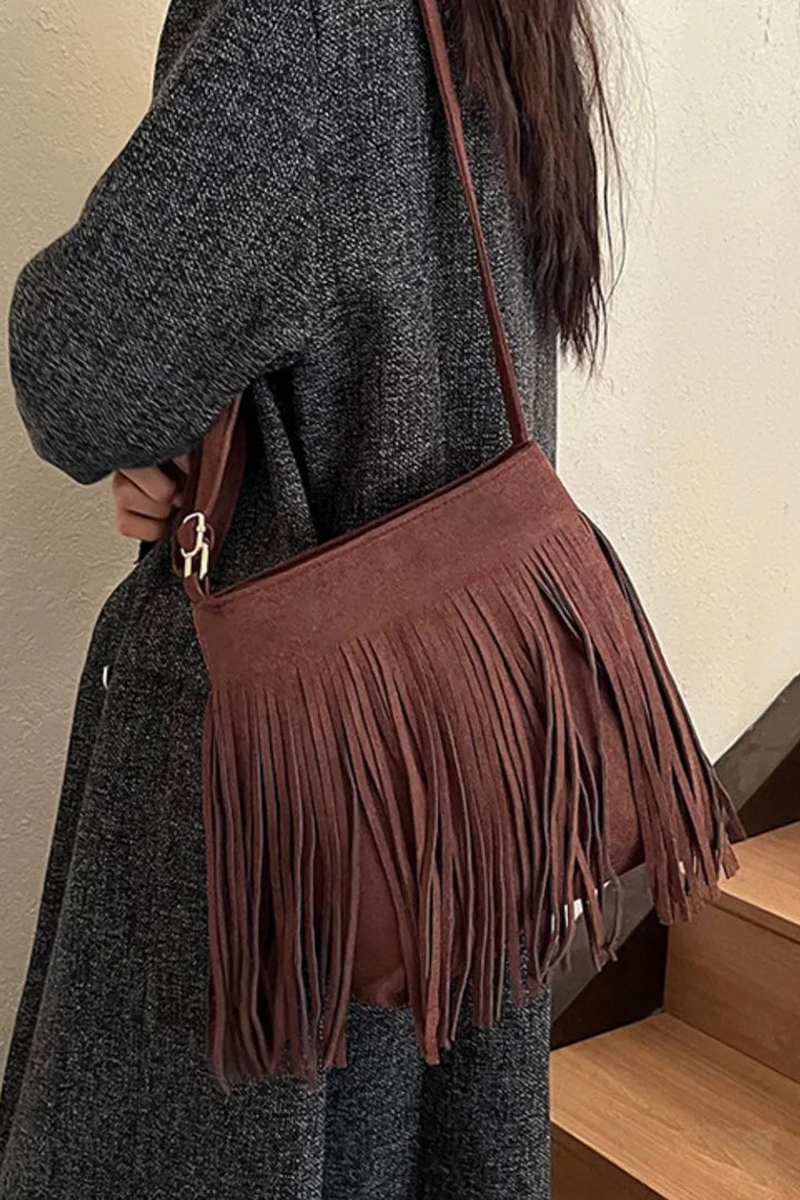 Eva Suede Fringe Crossbody Bag - Brown | Rezortly