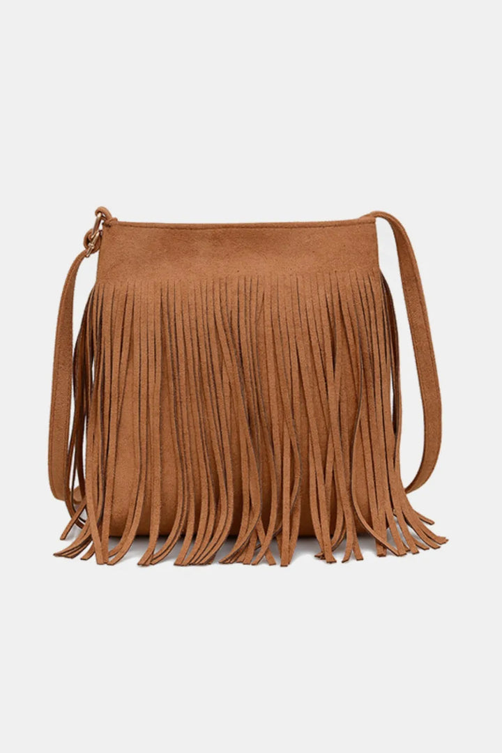 Eva Suede Fringe Crossbody Bag - Tan | Rezortly