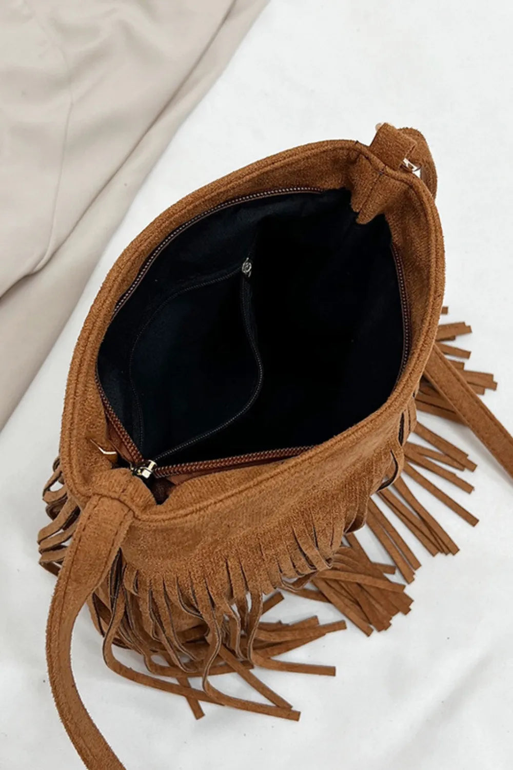 Eva Suede Fringe Crossbody Bag - Tan | Rezortly