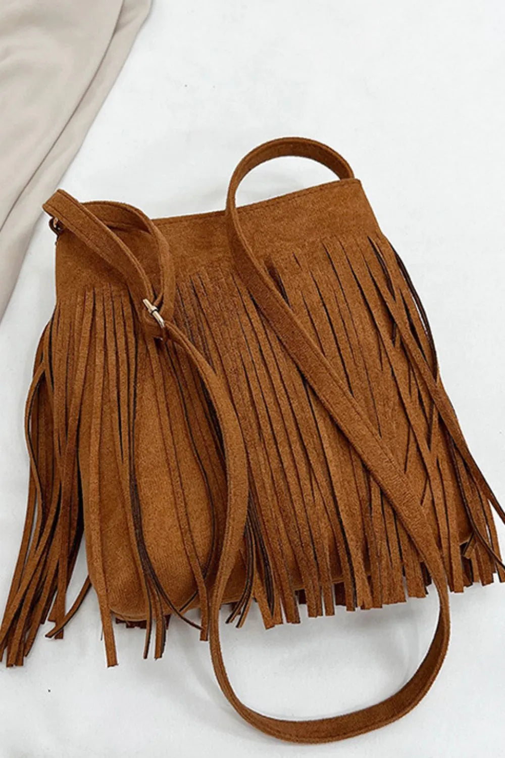 Eva Suede Fringe Crossbody Bag - Tan | Rezortly