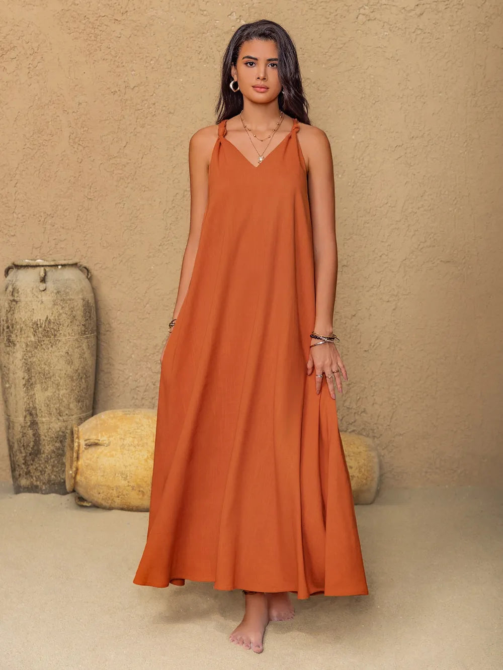 Eva Twist Cami Maxi Dress - Dark Orange - Size S-XL | Rezortly