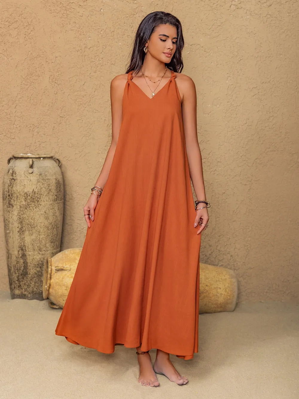 Eva Twist Cami Maxi Dress - Dark Orange - Size S-XL | Rezortly