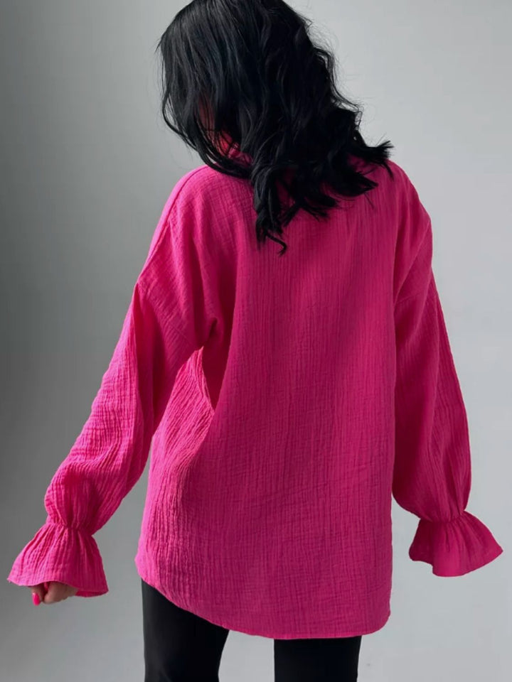 Eve Flounce Sleeve Shirt - Deep Pink. Sizes: S-2XL | Rezortly