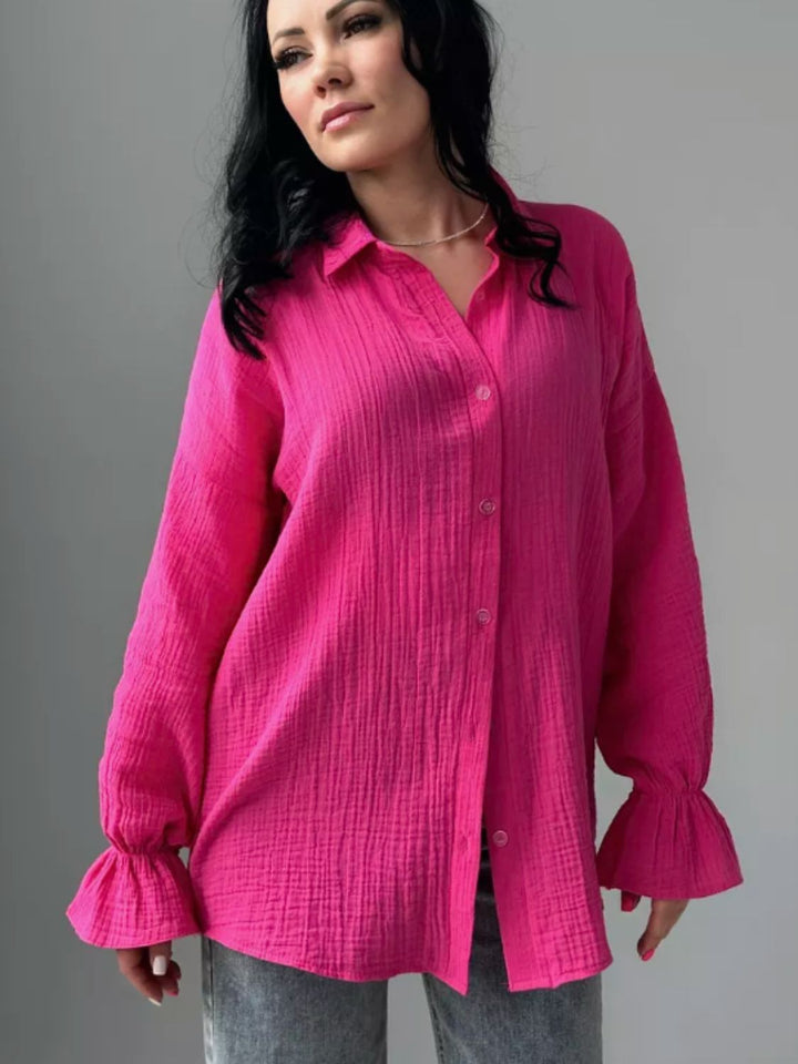 Eve Flounce Sleeve Shirt - Deep Pink. Sizes: S-2XL | Rezortly