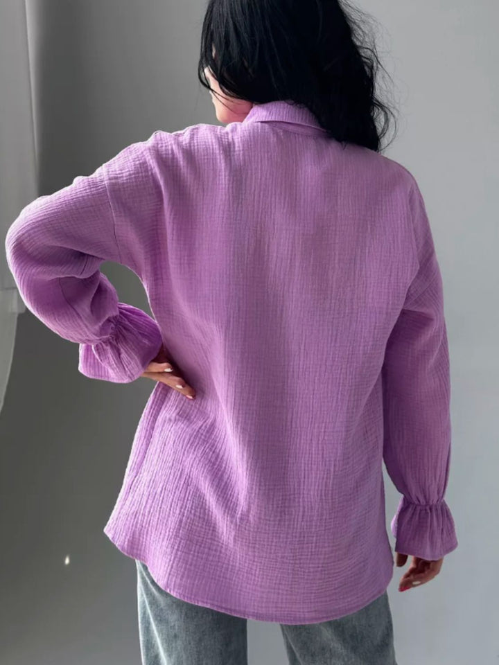 Eve Flounce Sleeve Shirt - Lavender. Sizes: S-2XL | Rezortly