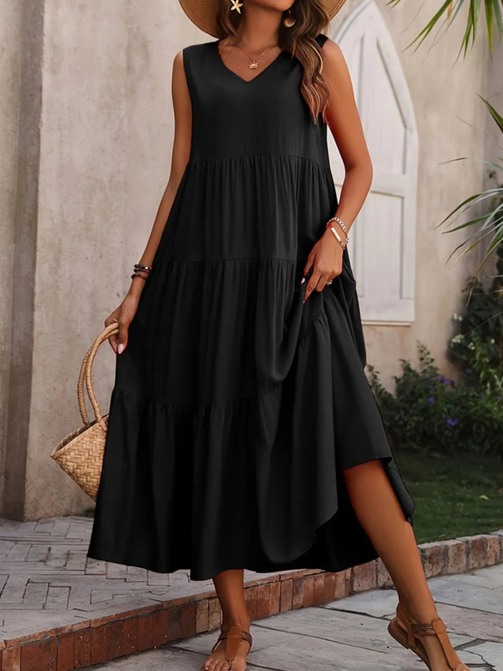 Hazel Tiered Cotton Maxi Dress - Black - S-2XL | Rezortly