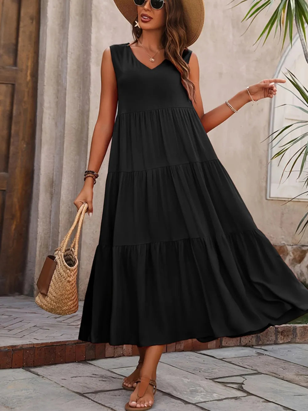 Hazel Tiered Cotton Maxi Dress - Black - S-2XL | Rezortly