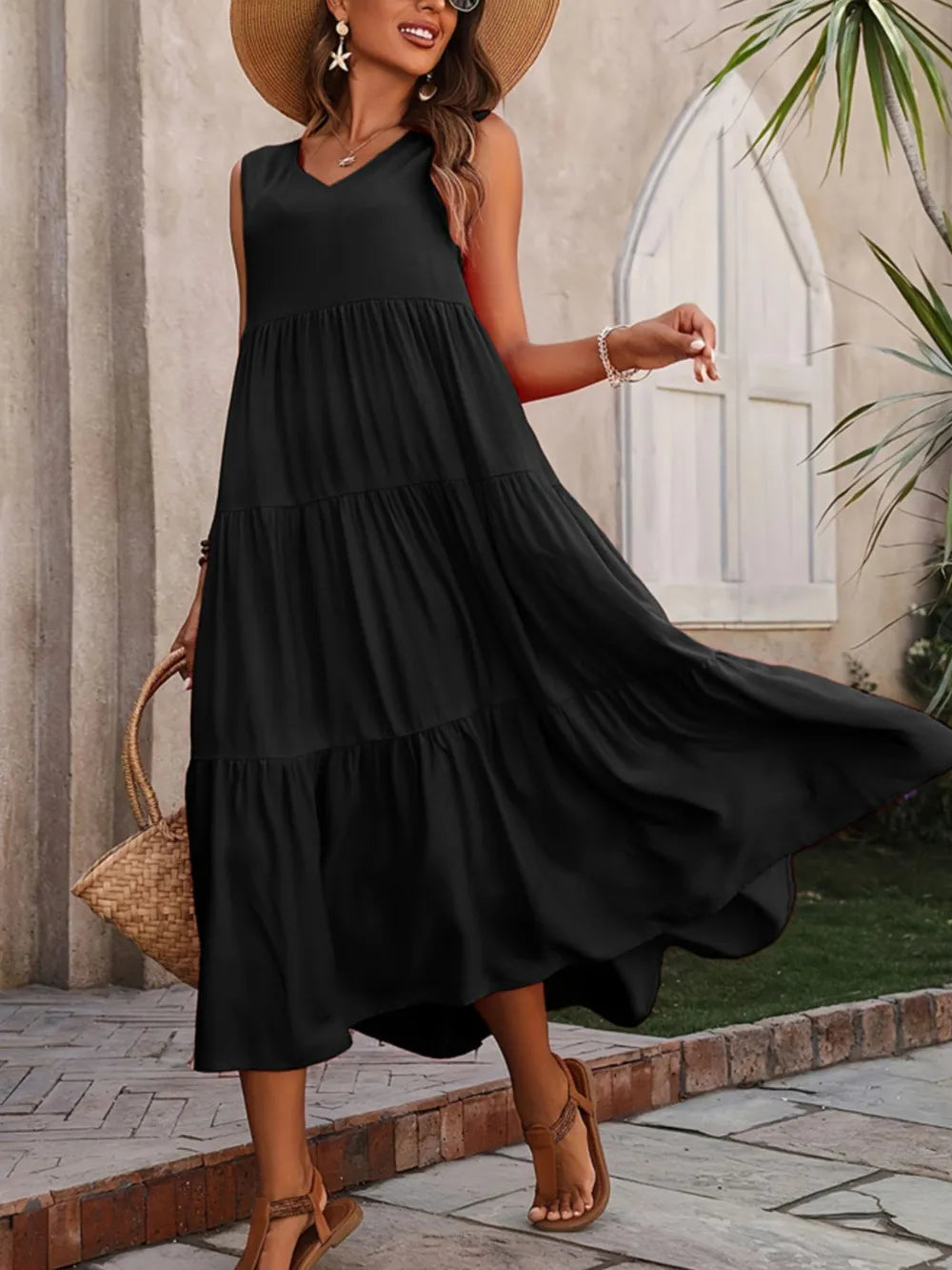 Hazel Tiered Cotton Maxi Dress - Black - S-2XL | Rezortly