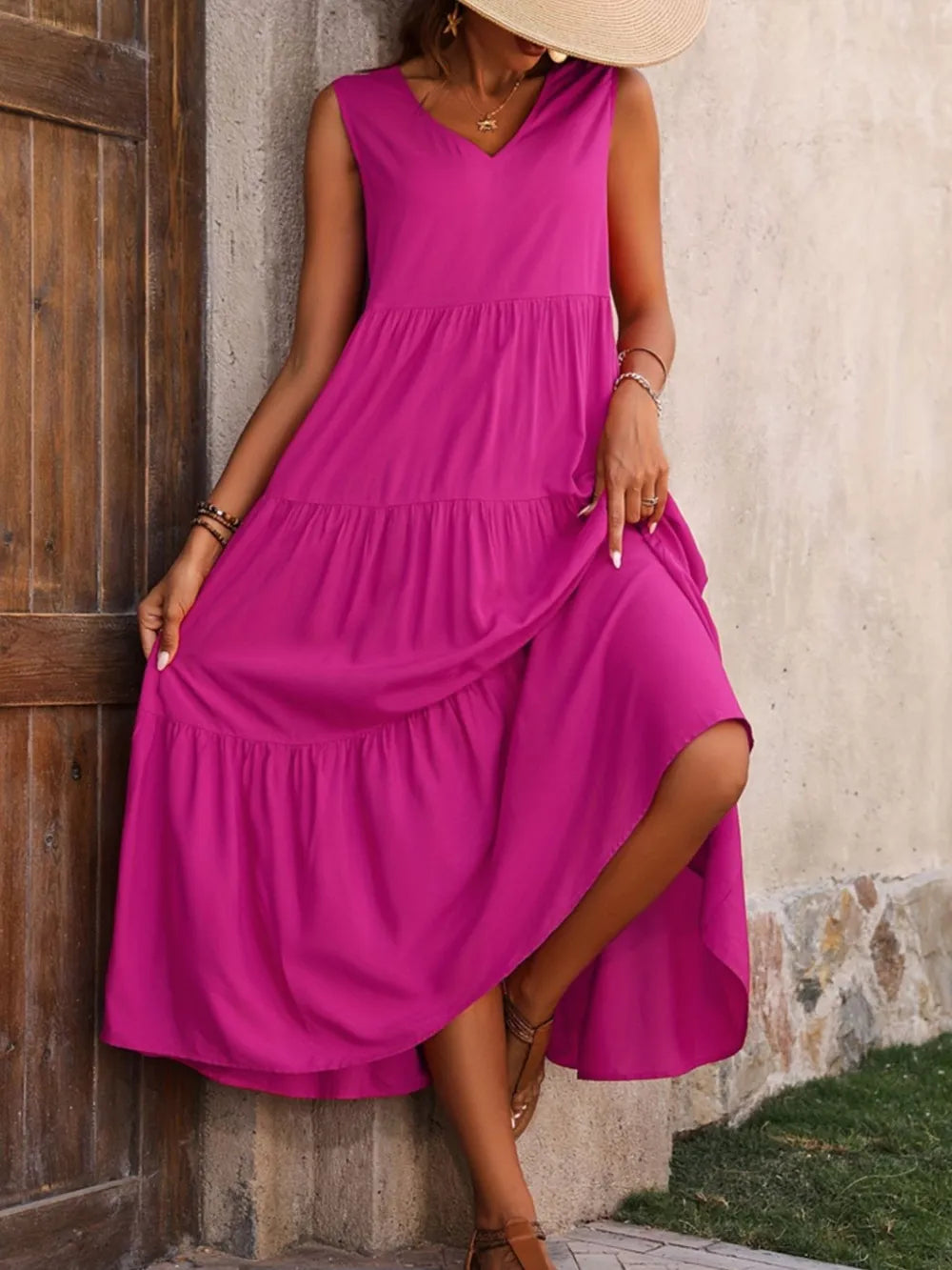 Hazel Tiered Cotton Maxi Dress - Fuchsia - S-2XL | Rezortly