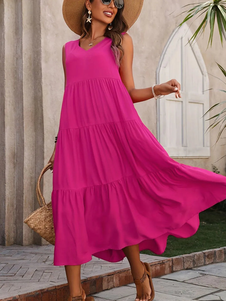 Hazel Tiered Cotton Maxi Dress - Fuchsia - S-2XL | Rezortly