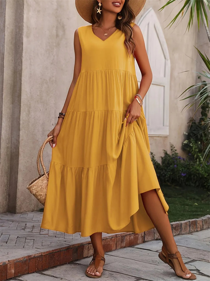 Hazel Tiered Cotton Maxi Dress - Gold - S-2XL | Rezortly
