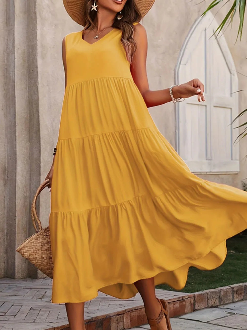 Hazel Tiered Cotton Maxi Dress - Gold - S-2XL | Rezortly
