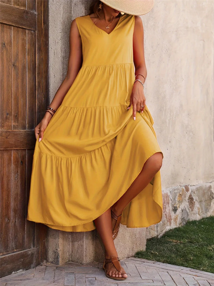 Hazel Tiered Cotton Maxi Dress - Gold - S-2XL | Rezortly