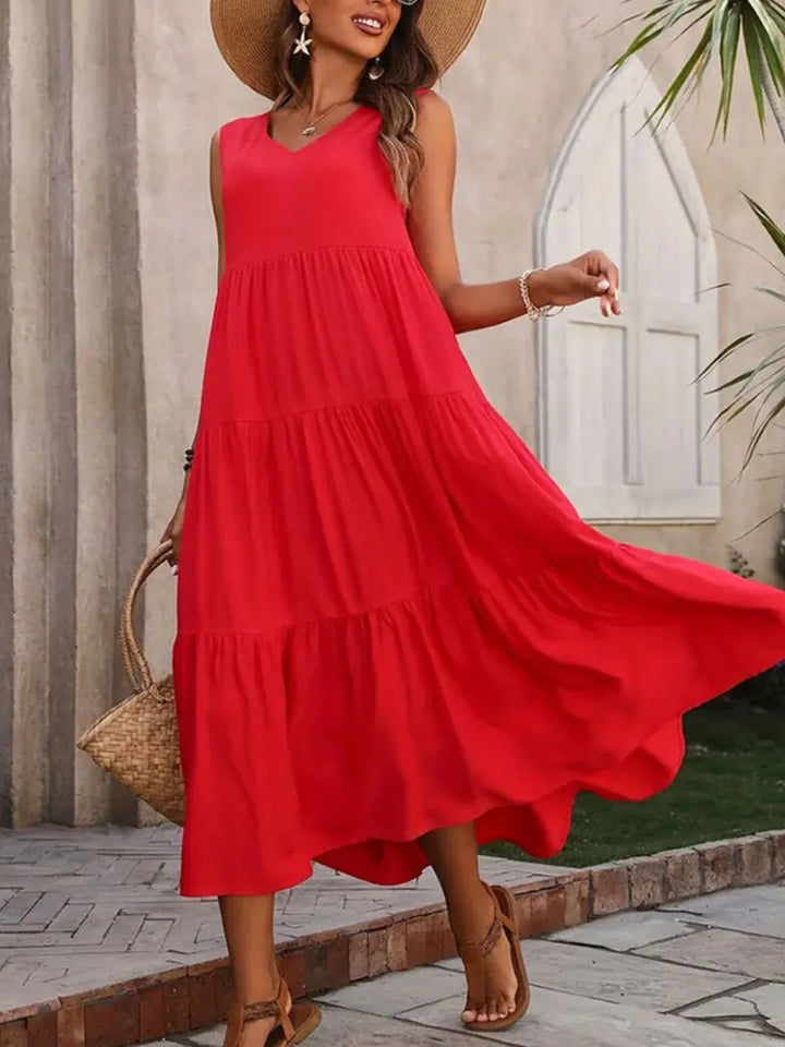 Hazel Tiered Cotton Maxi Dress - Red - S-2XL | Rezortly