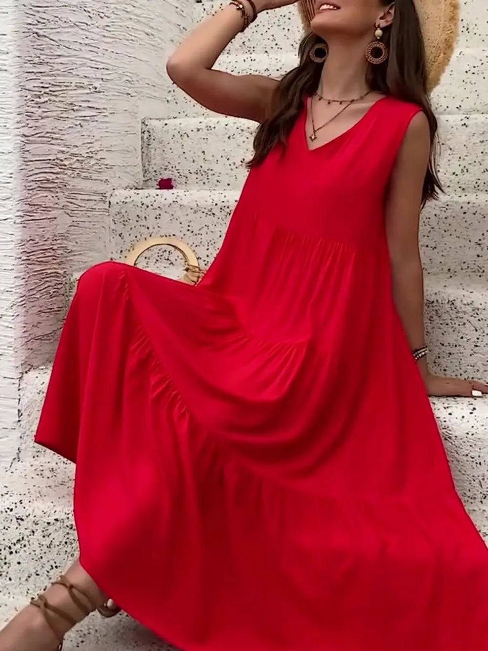 Hazel Tiered Cotton Maxi Dress - Red - S-2XL | Rezortly