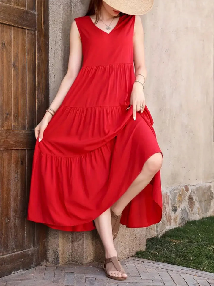 Hazel Tiered Cotton Maxi Dress - Red - S-2XL | Rezortly