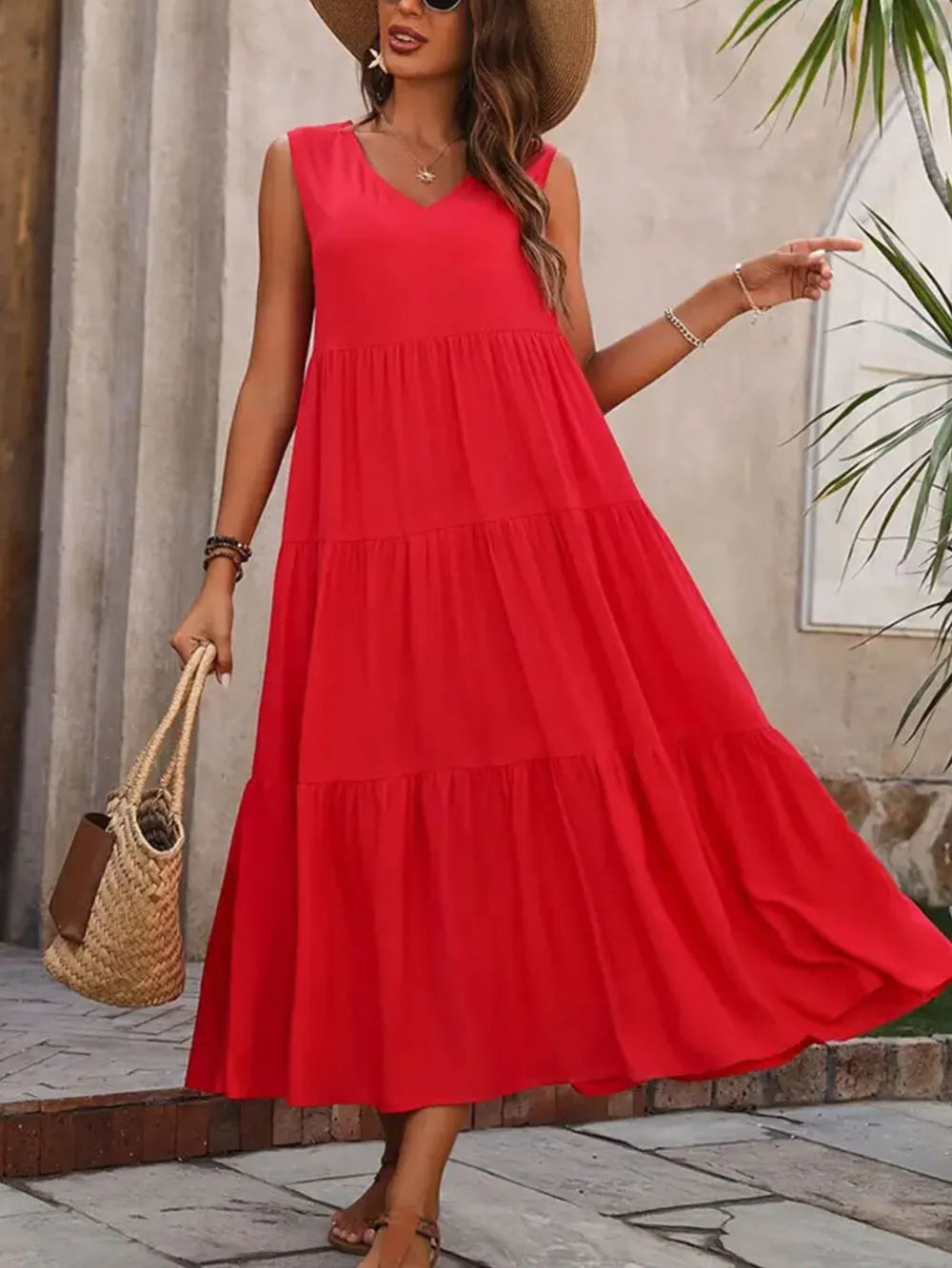 Hazel Tiered Cotton Maxi Dress - Red - S-2XL | Rezortly
