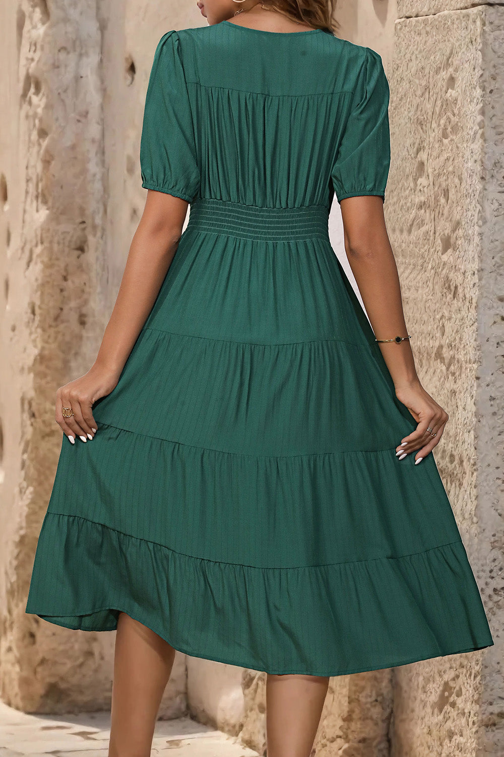 Ivy V-Neck Short Balloon Sleeve Midi Dress – Rezortly