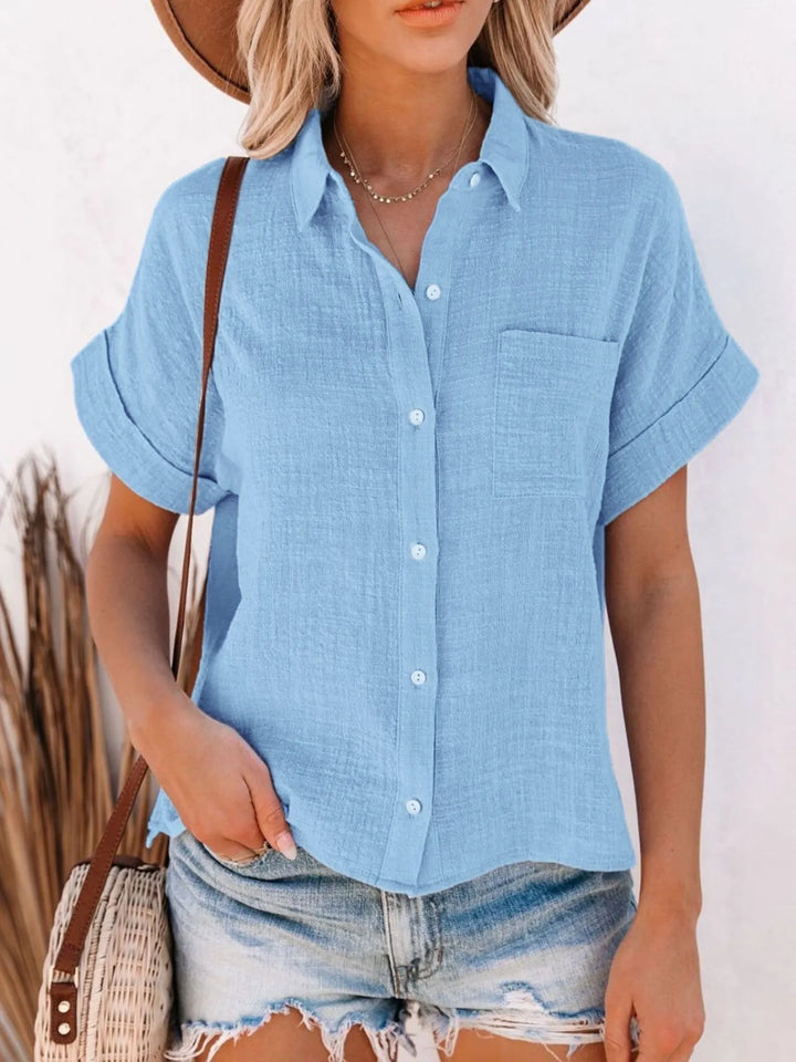 Kyra Button Up Short Sleeve Cotton Shirt | S-4XL - Sky Blue | Rezortly