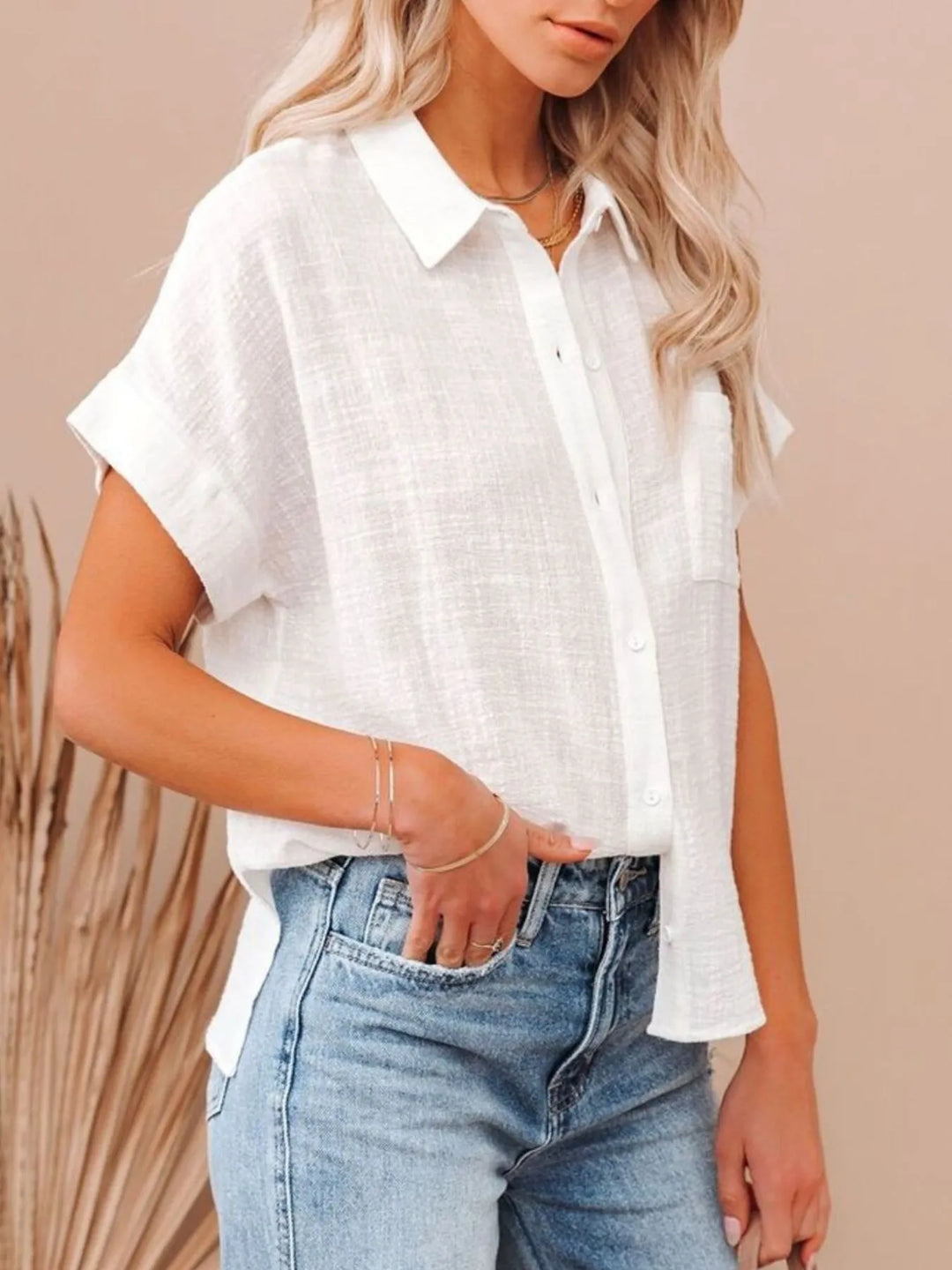 Kyra Button Up Short Sleeve Cotton Shirt | S-4XL - White | Rezortly