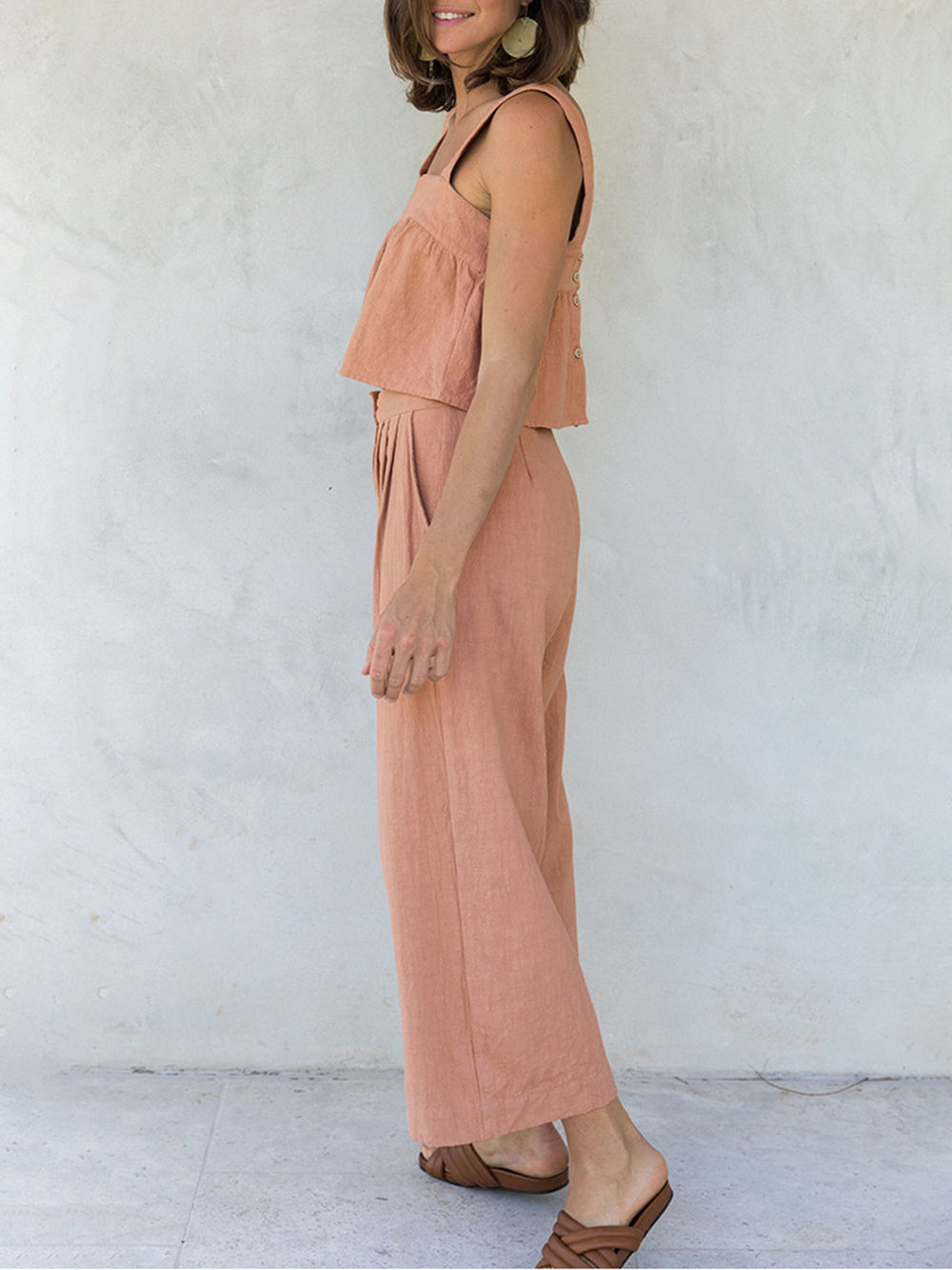Kyra Wide Strap Cotton Crop Top & Palazzo Pants Outfit Set - Dusty Pink. Sizes: S-2XL | Rezortly