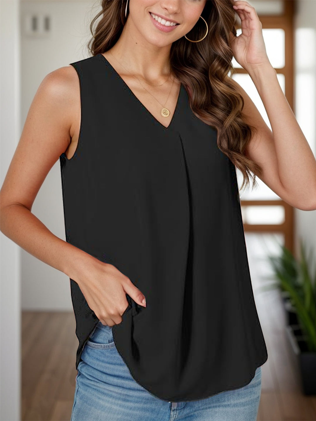 Louise Front Pleat Loose V-Neck Tank - Black. Size S- 3XL | Rezortly