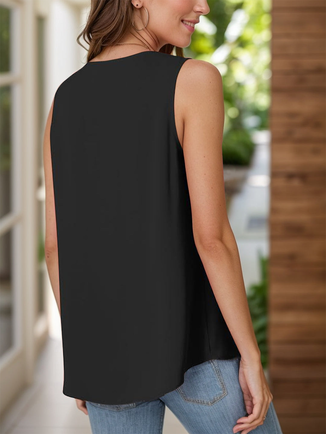 Louise Front Pleat Loose V-Neck Tank - Black. Size S- 3XL | Rezortly