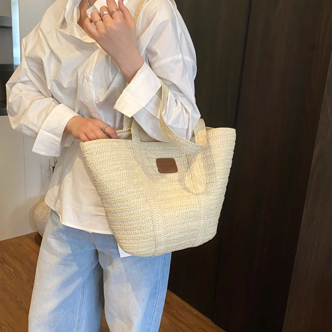 Minmin Woven Straw Tote Beach Bag - Natural Beige | Rezortly