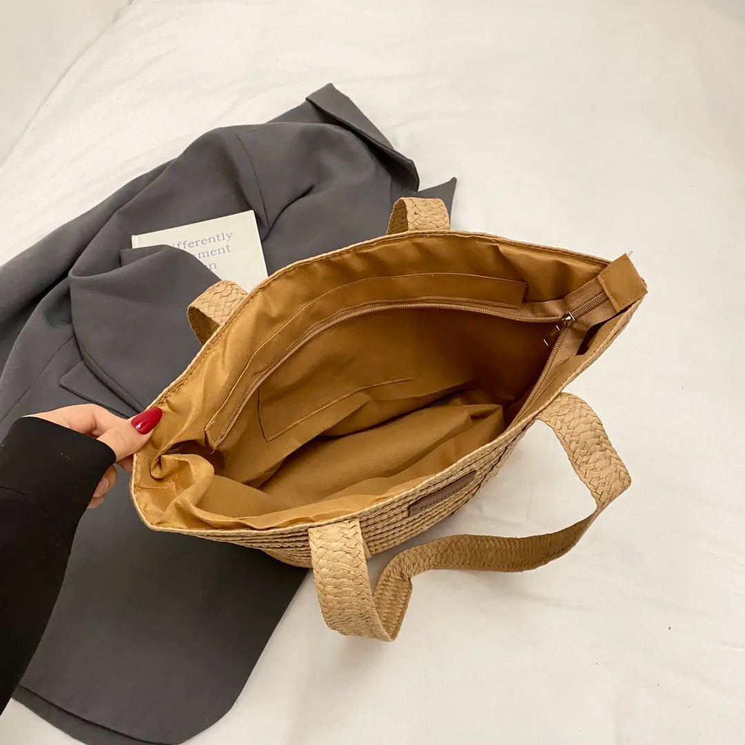 Minmin Woven Straw Tote Beach Bag - Natural Beige | Rezortly