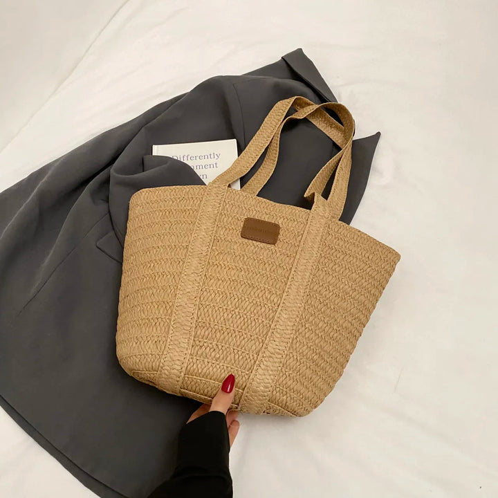 Minmin Woven Straw Tote Beach Bag - Natural Tan | Rezortly