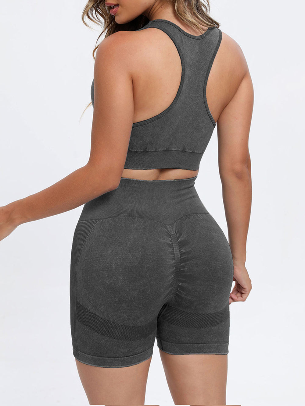 Sara Washed Scoop Neck Top & Shorts-2 Piece Yoga Set - Dark Grey | Rezortly