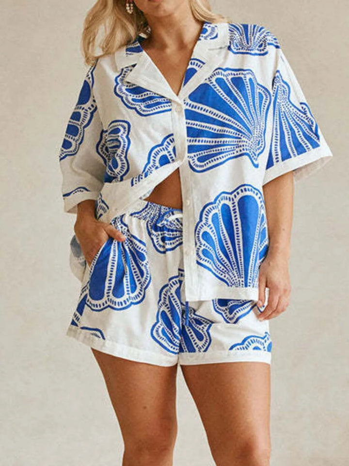 Shelly Clam Shell Beach Shirt & Shorts Outfit Set - Blue White - S-2XL | Rezortly