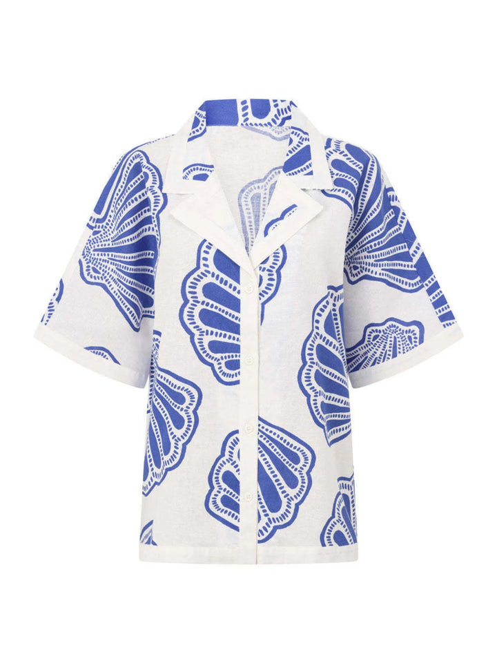 Shelly Clam Shell Beach Shirt & Shorts Outfit Set - Blue White - S-2XL | Rezortly