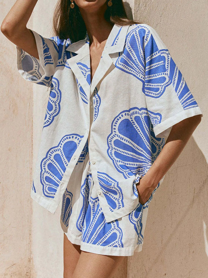 Shelly Clam Shell Beach Shirt & Shorts Outfit Set - Blue White - S-2XL | Rezortly