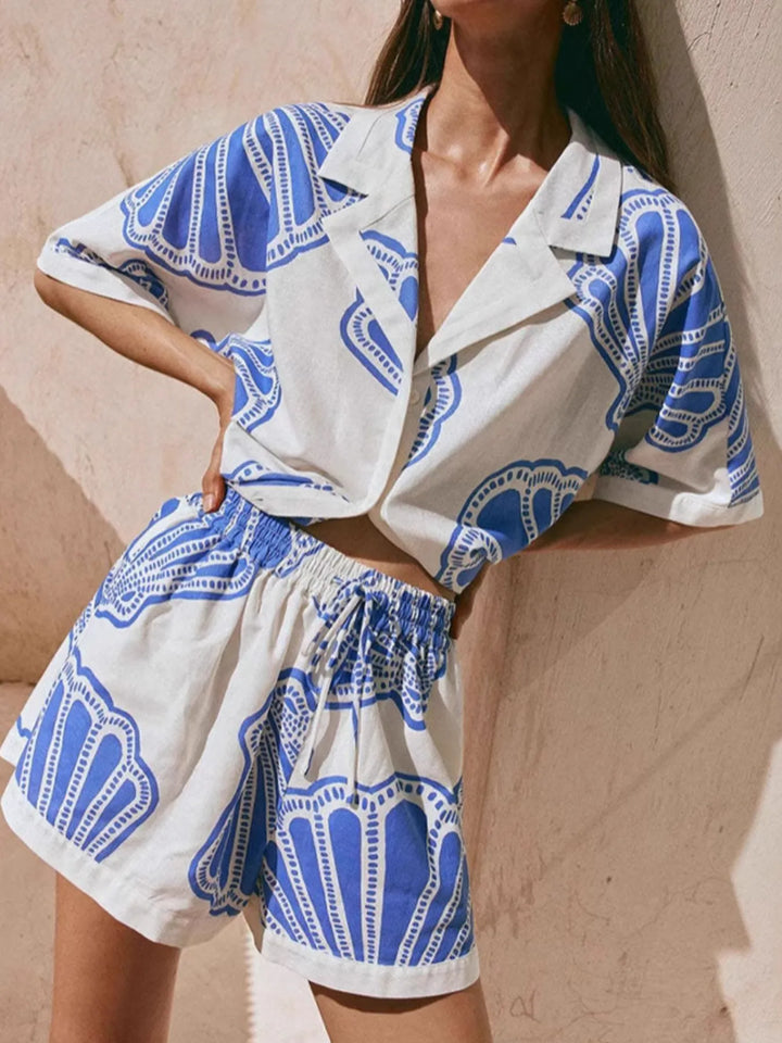 Shelly Clam Shell Beach Shirt & Shorts Outfit Set - Blue White - S-2XL | Rezortly