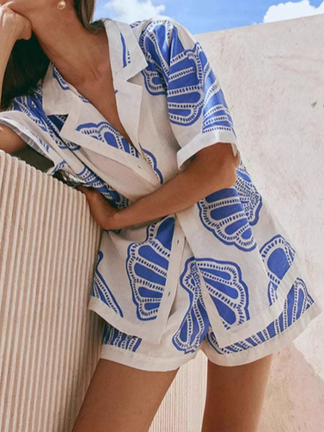 Shelly Clam Shell Beach Shirt & Shorts Outfit Set - Blue White - S-2XL | Rezortly