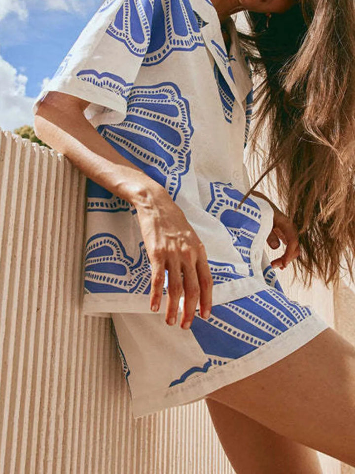 Shelly Clam Shell Beach Shirt & Shorts Outfit Set - Blue White - S-2XL | Rezortly