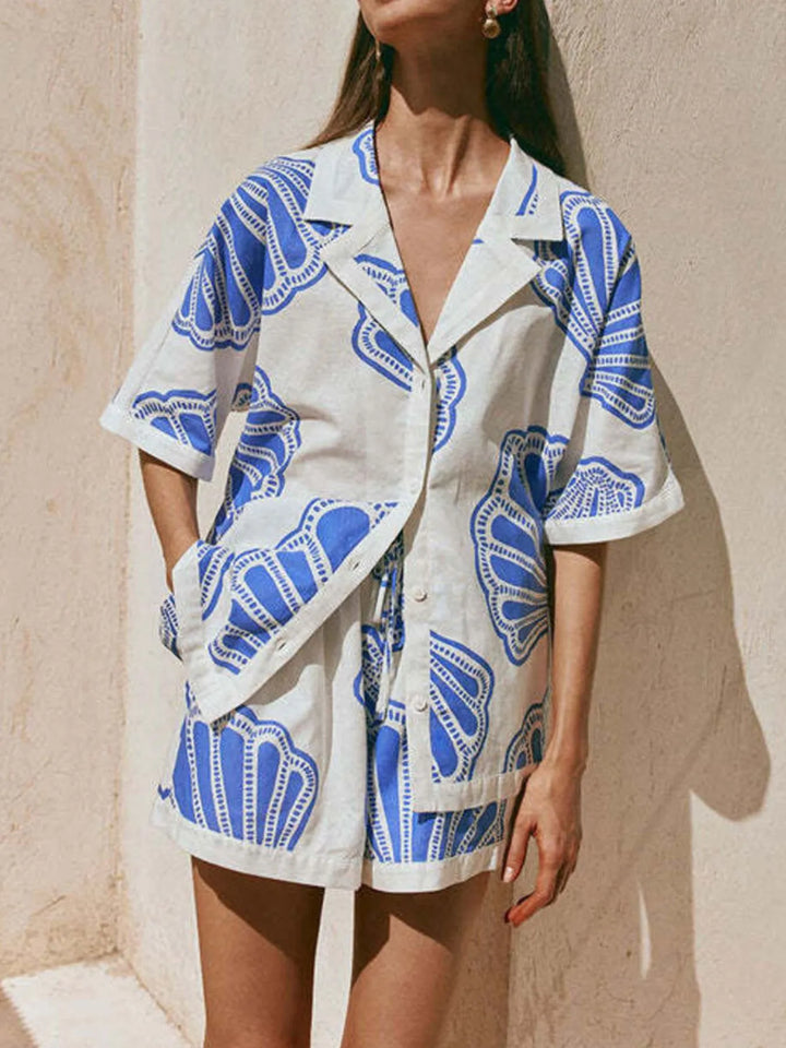 Shelly Clam Shell Beach Shirt & Shorts Outfit Set - Blue White - S-2XL | Rezortly