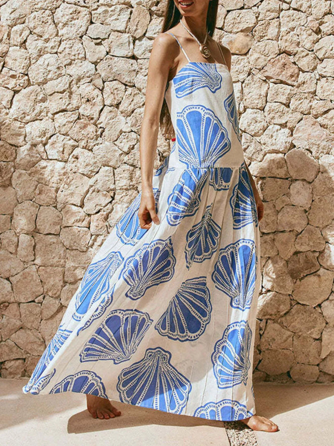 Shelly Clamshell Print Beach Cami Maxi Dress - Resort & Beachwear Rezortly Shelly Clamshell Print Beach Cami Maxi Dress - Resort & Beachwear Rezortly