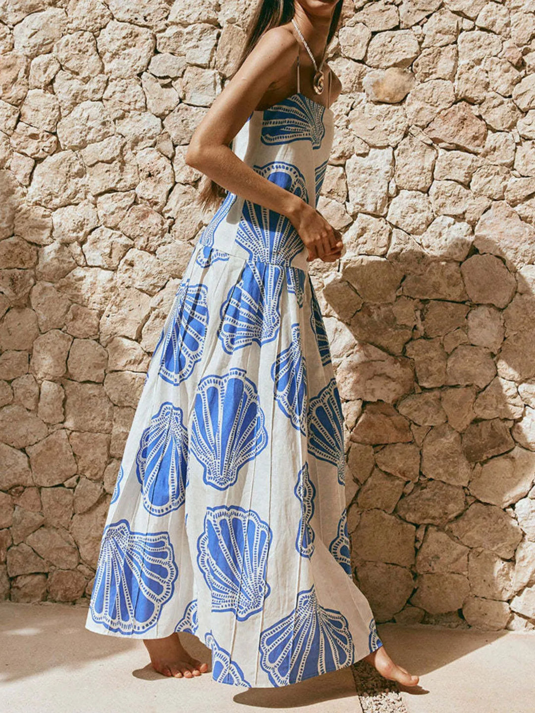 Shelly Clam Shell Print Beach Cami Maxi Dress - S-2XL - White Blue | Rezortly