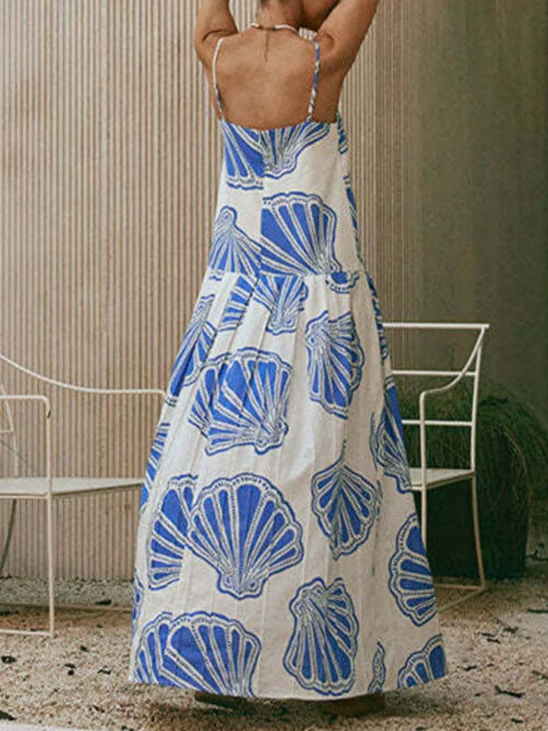 Shelly Clam Shell Print Beach Cami Maxi Dress - S-2XL - White Blue | Rezortly
