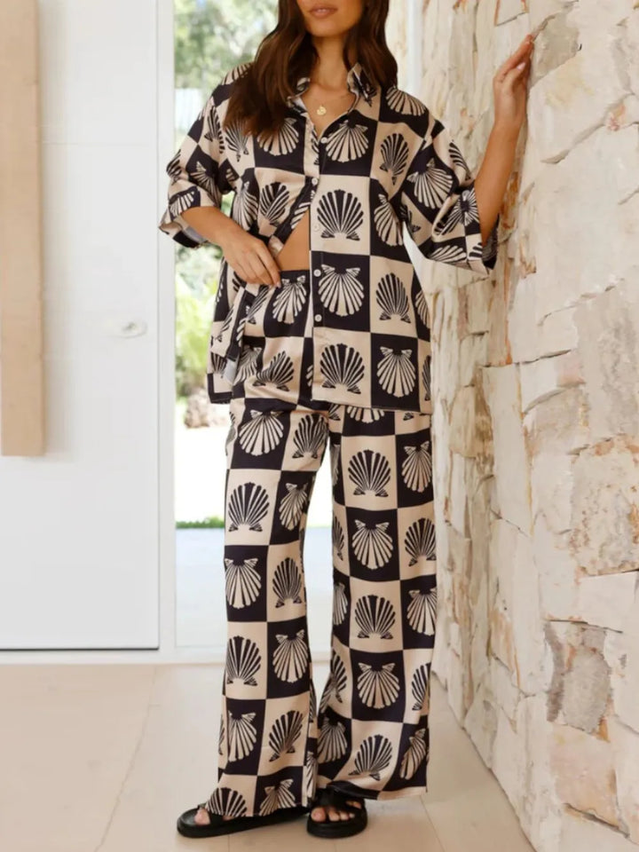 Shelly Clamshell Print Shirt & Wide Leg Pants Outfit Set - S-XL - Black & White | Rezortly