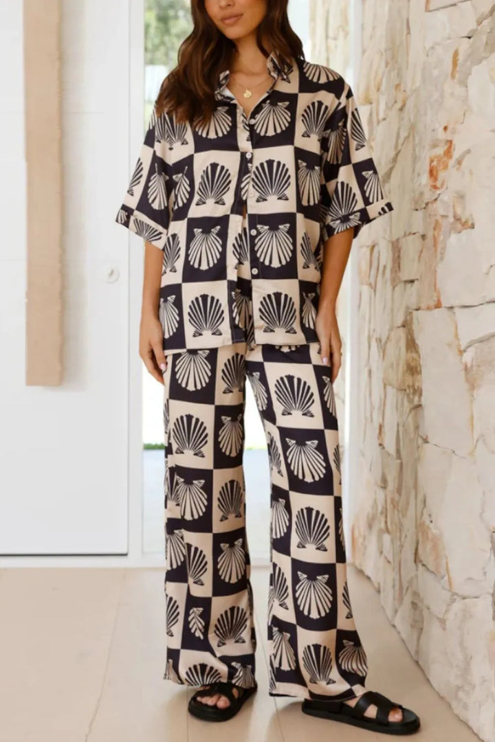 Shelly Clamshell Print Shirt & Wide Leg Pants Outfit Set - S-XL - Black & White | Rezortly