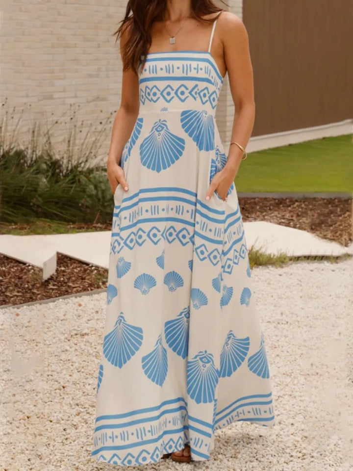 Shelly Seashell Print Spaghetti Strap Maxi Dress - S-XL - White Blue | Rezortly