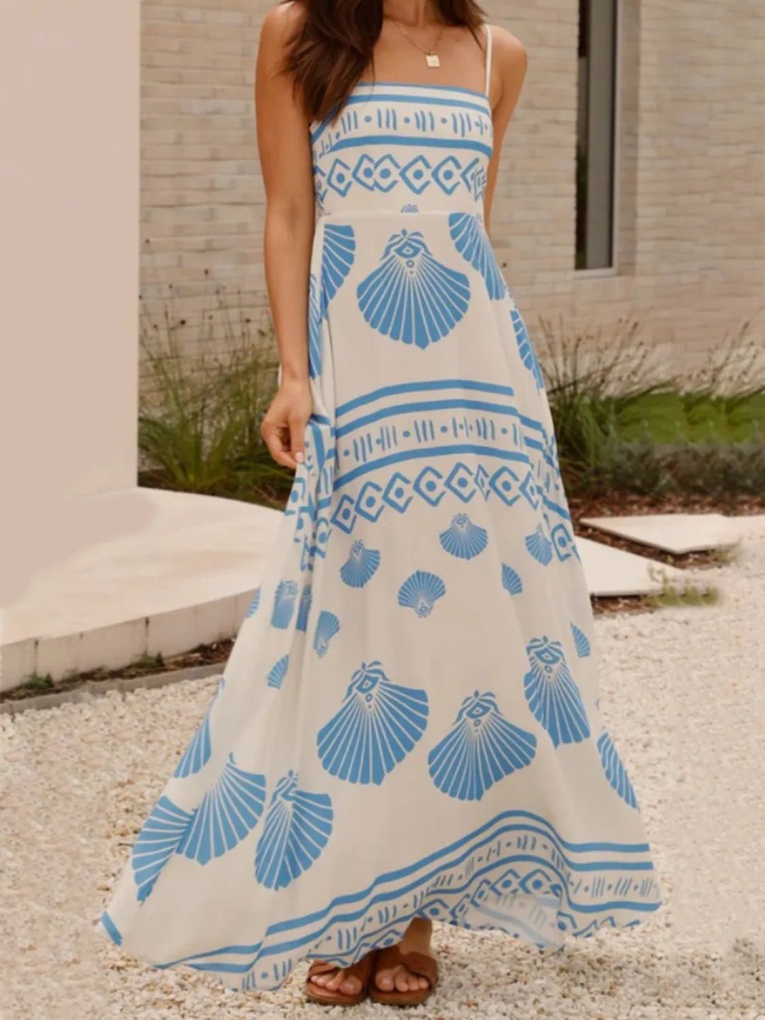 Shelly Seashell Print Spaghetti Strap Maxi Dress - S-XL - White Blue | Rezortly