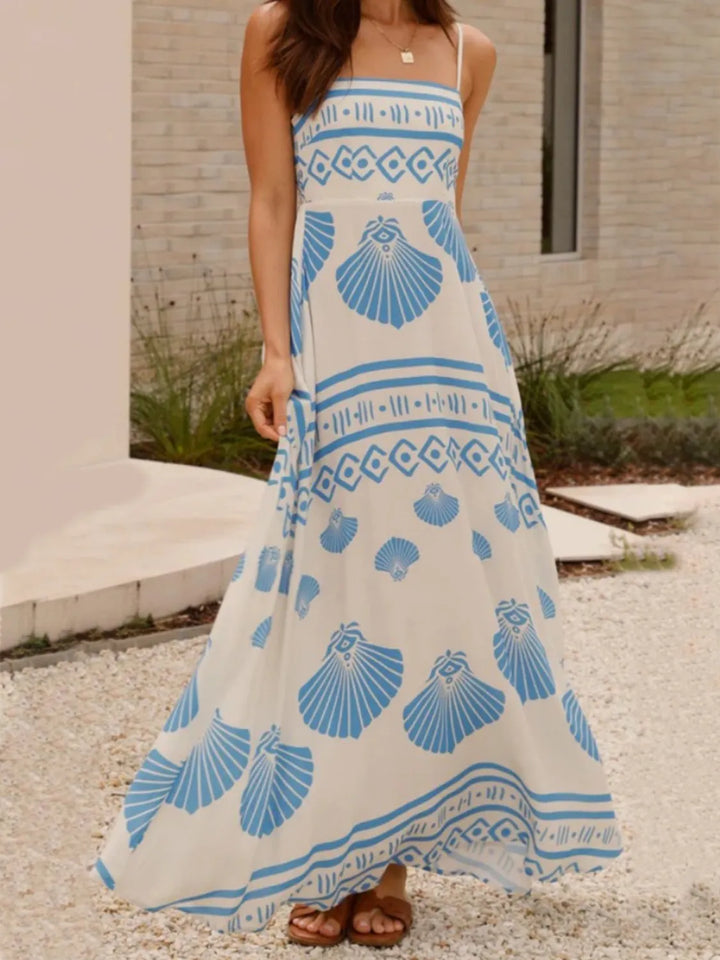 Shelly Seashell Print Spaghetti Strap Maxi Dress - S-XL - White Blue | Rezortly