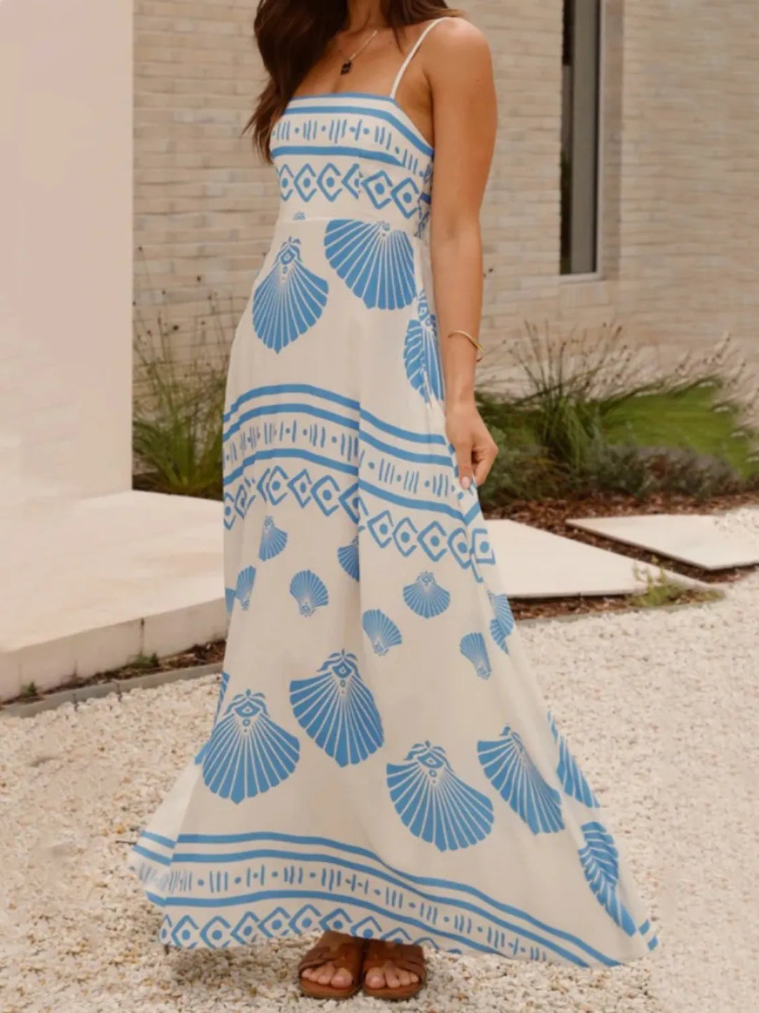 Shelly Seashell Print Spaghetti Strap Maxi Dress - S-XL - White Blue | Rezortly