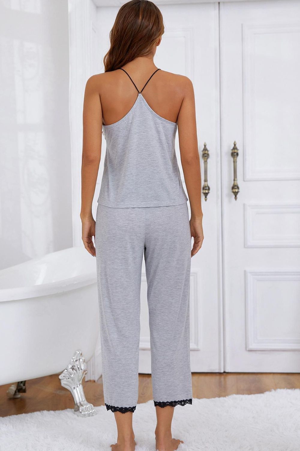 Tess Halter Neck Cami & Lace Trim Pyjama Set. Grey - S-XL | Rezortly