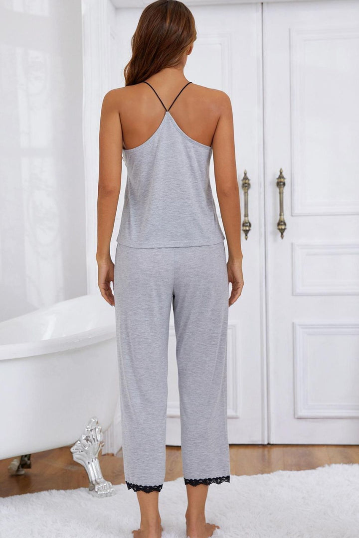 Tess Halter Neck Cami & Lace Trim Pyjama Set. Grey - S-XL | Rezortly