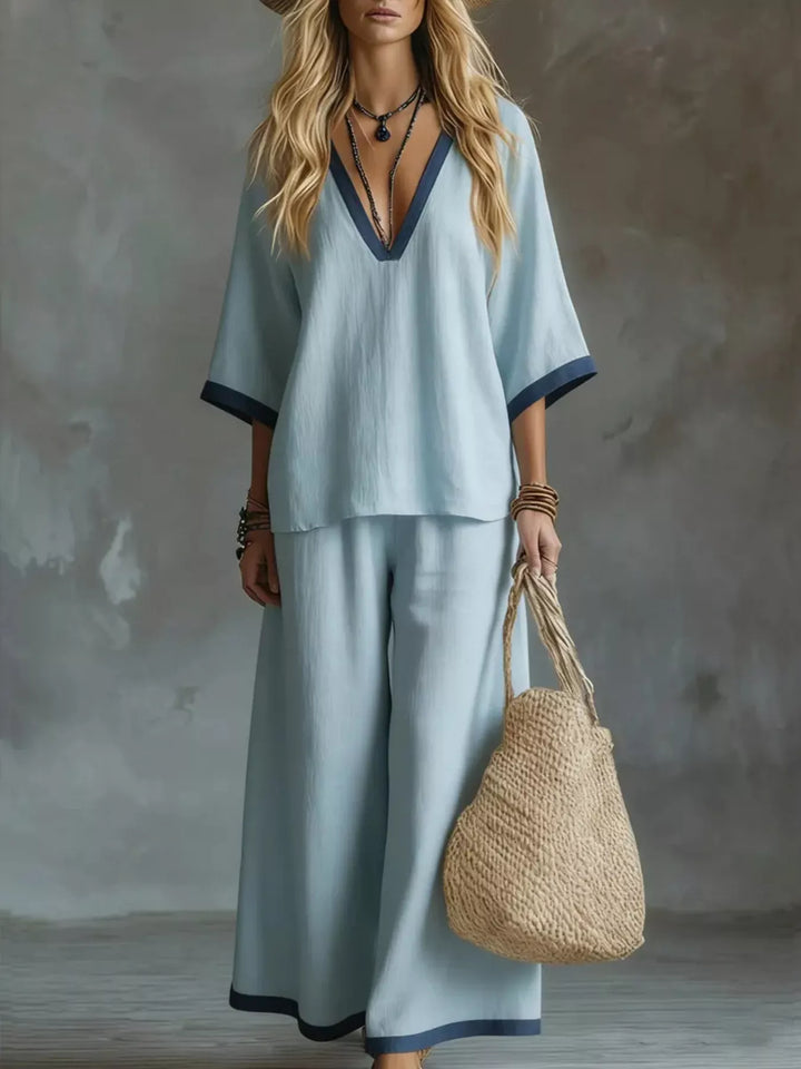 Vera Contrast Trim V-Neck Top and Pants Set - Azure | S-2XL | Rezortly
